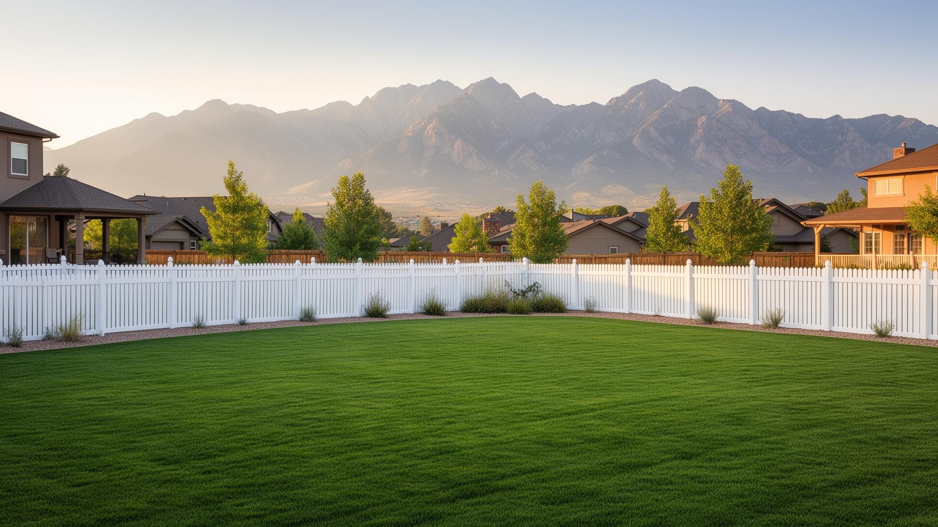 A pristine residential backyard with a white fence and Colorado mountains beyond